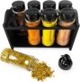 Conjunto de Porta Tempero Berço de Madeira com 8 Potes de Plástico 130ml Transparente Tampa Dosadora Dupla para Condimentos com Etiqueta