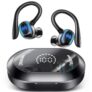 MERTTO Fones de ouvido sem fio, Bluetooth 5.3, estéreo Hi-Fi, tela de LED, chamadas claras com microfone, cancelamento de ruído, 50 horas de reprodução, à prova d’água, esporte, Preto