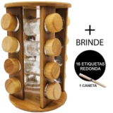 085 – Porta Tempero Bambu 16 Potes Redondo Giratório + Etiquetas