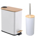 786 Kit Lixeira C/ Pedal E Escova Metal Tampa de Bambu 3L Branca