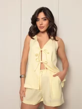 Conjunto 8012 feminina blusa elastica atras com faixa / short com bolso tecido luis twill